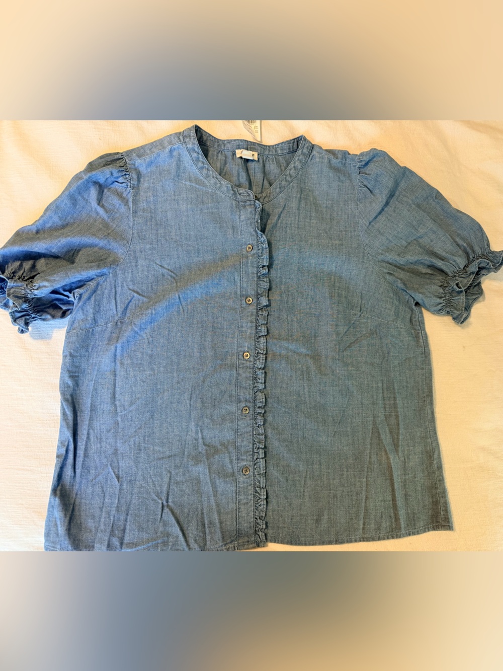 J Crew Denim-Blue Ruffle Button Front Women’s Top